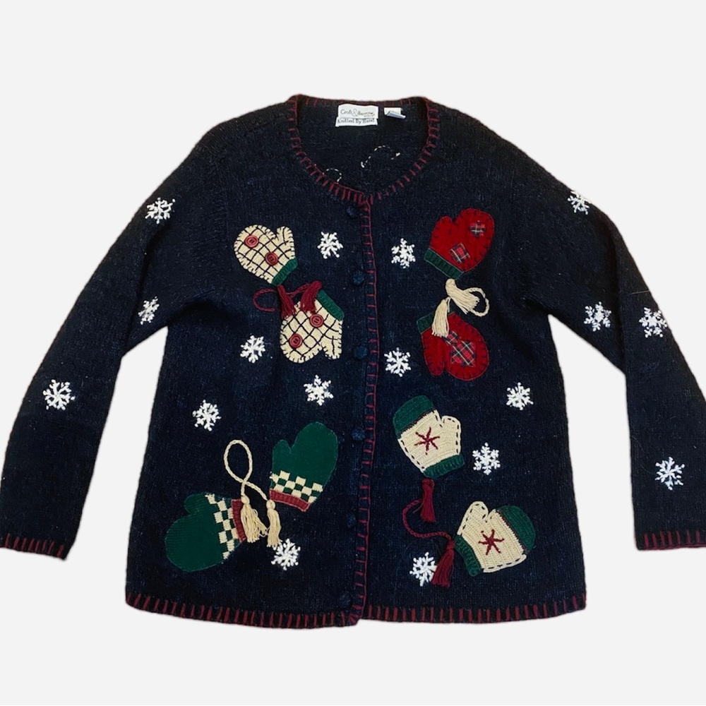 Hand Knit Croft Barrow Retro Holiday Sweater Cardigan Blue Red Christmas 1X